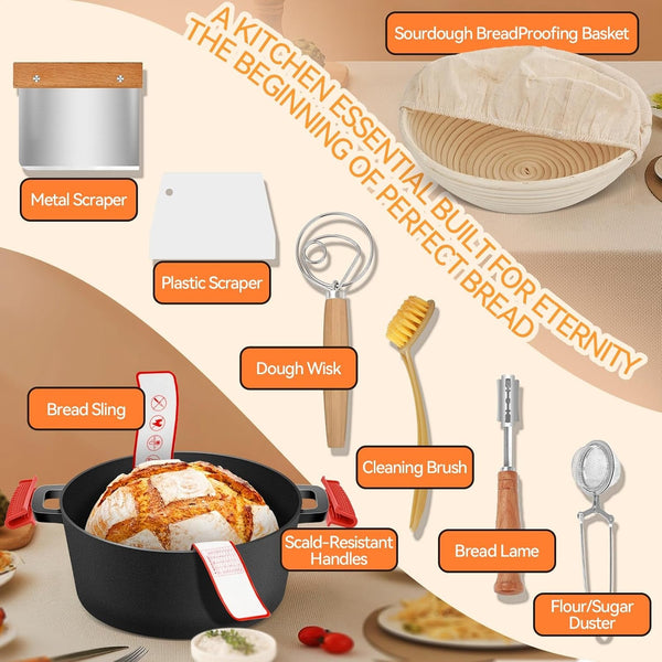 Cast Iron Dutch Oven for Bread Baking, 2-In-1 Pre-Seasoned Dutch Oven Pot | Banneton Bread Proofing Basket Sourdough Bread Baking Supplies, Dutch Oven Pot with Skillet Lid Cooking Pan Handles Lame, 5QT4