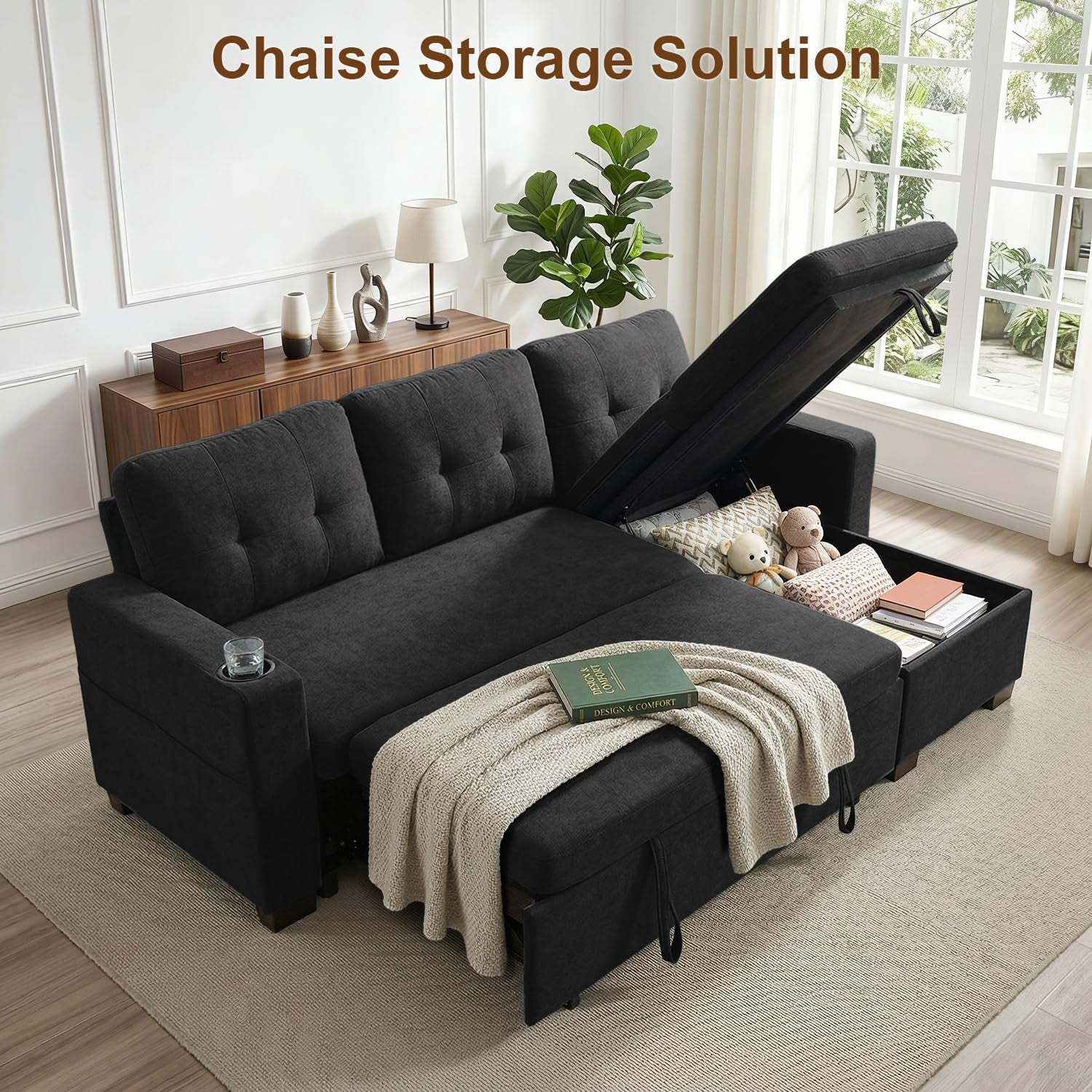 82-l-shaped-sleeper-sofa-bed-pull-out-sectional-couch-with-storage-chaise-reclining-backrest-sectional-couches-for-living-room-with-usb-port-foldable-table-cup-holder-side-pocket-black