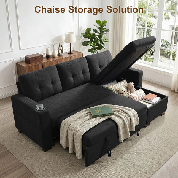 82" L Shaped Sleeper Sofa Bed, Pull Out Sectional Couch with Storage Chaise/Reclining Backrest, Sectional Couches for Living Room with USB Port, Foldable Table, Cup Holder, Side Pocket, Black8