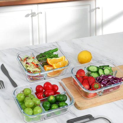 5 Pack,36 Oz, 3 Compartments Glass Meal Prep Containers with Lids6