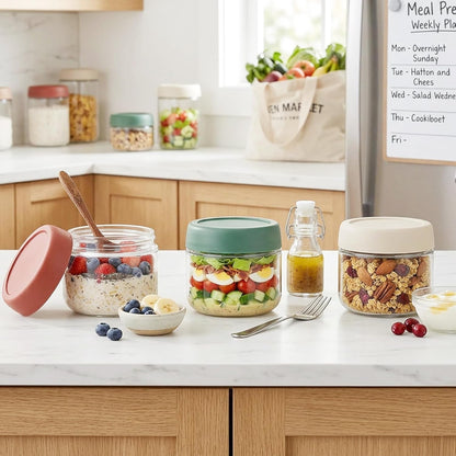 3Pack Overnight Oats Containers with Lids,10Oz Glass Jar with Scew Lid,Salad Dressing Fruit Veggies Sauce Snacks Meal Prep Food Containers,Spice Jars,Wide Mouth Storage Containers3