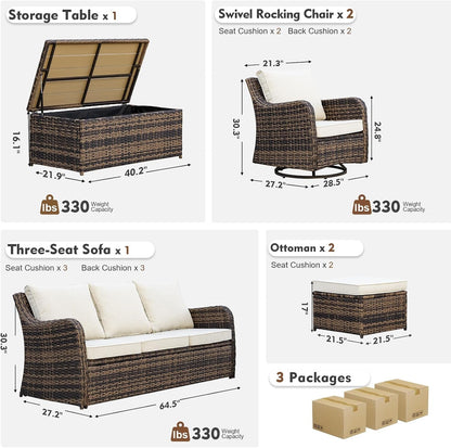6 Pieces Patio Furniture Set with Swivel Chair, Outdoor Patio Conversation Set, Outdoor Wicker Sofa Couch with Waterproof Cushions for Lawn Backyard Porch (Brown)2