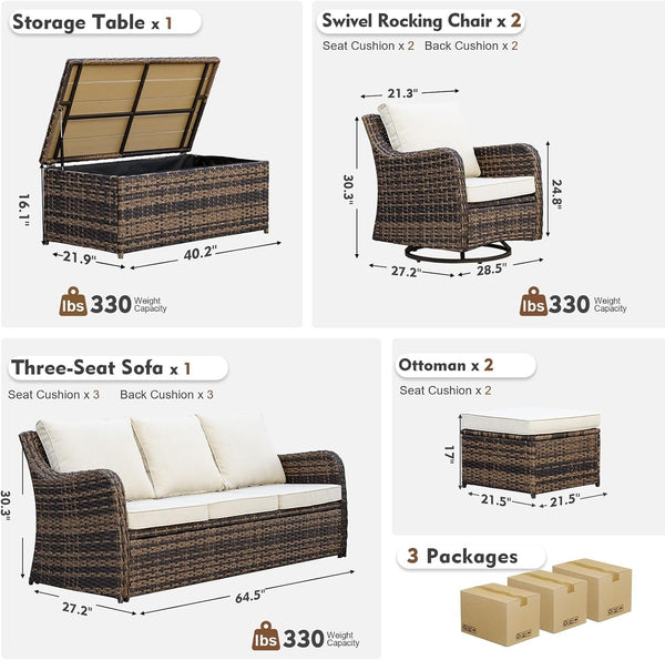 6 Pieces Patio Furniture Set with Swivel Chair, Outdoor Patio Conversation Set, Outdoor Wicker Sofa Couch with Waterproof Cushions for Lawn Backyard Porch (Brown)2