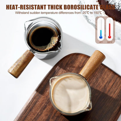 2 Pack Espresso Cups with Wood Handle, 75ML Double Spout Glass Measuring Cup with Dual Scale, Espresso Shot with V-Shaped Mouth, Clear Glass Espresso Accessories, Milk Frothing Pitcher4