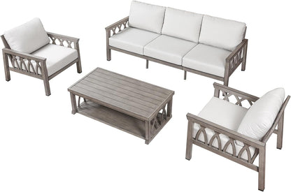 Aluminum Outdoor Patio Furniture Set, 4-Piece Outdoor Sofa Set with 3-Seat Sofa, 2 Armchairs & Coffee Table, Outdside Sofa Set Patio Conversation Set with Cushions for Deck, Balcony, Limed Oak1