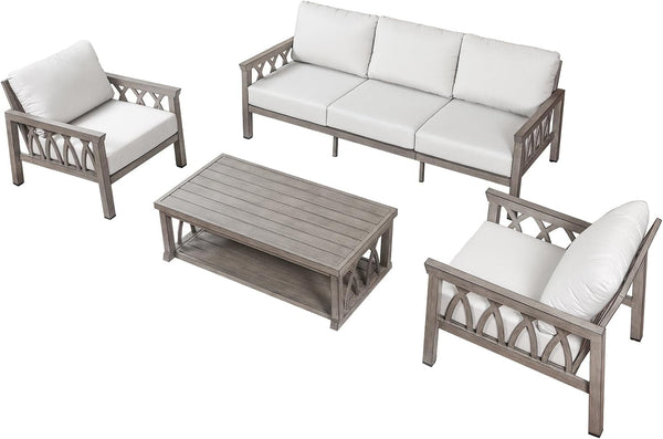 Aluminum Outdoor Patio Furniture Set, 4-Piece Outdoor Sofa Set with 3-Seat Sofa, 2 Armchairs & Coffee Table, Outdside Sofa Set Patio Conversation Set with Cushions for Deck, Balcony, Limed Oak1