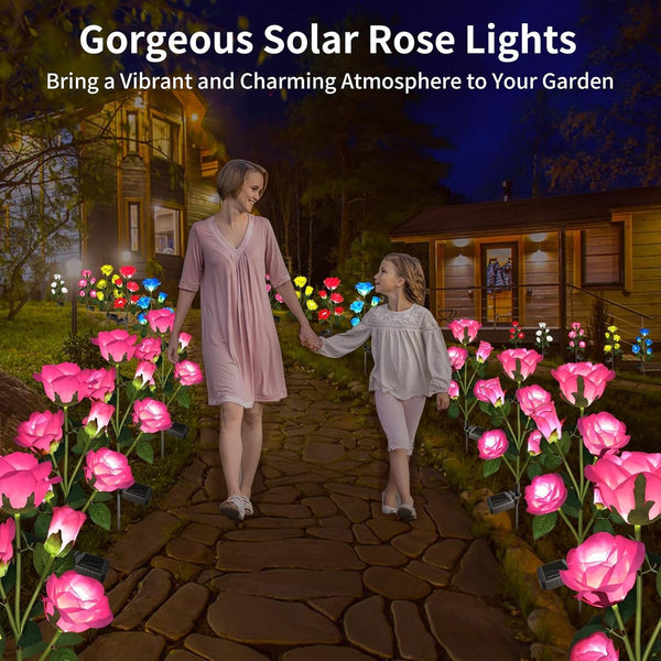 Solar Garden Lights, Solar Outdoor Lights with More Realistic 10 Rose Waterproof Solar Powered Flowers for outside Patio Yard Pathway Decorations, 2 Pack Pink5