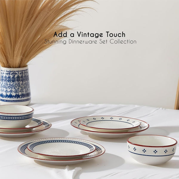 Dinnerware Sets for 8, 24-Piece Stoneware Plates and Bowls Sets for 8 Everyday Dishware Sets for 8, Microwave Safe, Scratch-Resistant, Vintage Geometric Design, Service for 86