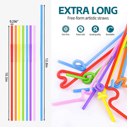 100PCS Flexible Plastic Straws | Colorful Disposable Bendy Party Fancy Straws12.8Inch Extra Long Straws Party Decorations2