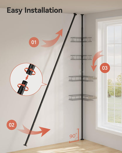 Corner Shower Caddy Tension Pole, 25.7-109.1In Adjustable Shower Shelves, Rust-Resistant Shower Organizer, No-Drill 3-Step Installation, Bathroom Shelves for Renters & Family, Black9
