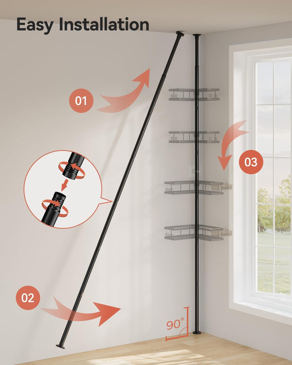 Corner Shower Caddy Tension Pole, 25.7-109.1In Adjustable Shower Shelves, Rust-Resistant Shower Organizer, No-Drill 3-Step Installation, Bathroom Shelves for Renters & Family, Black9