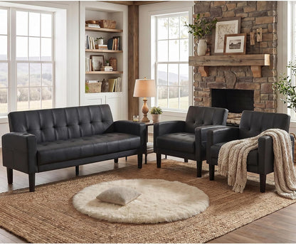 62" W Leather Loveseat and 2 Chairs, Living Room Sets W/Charging Station1