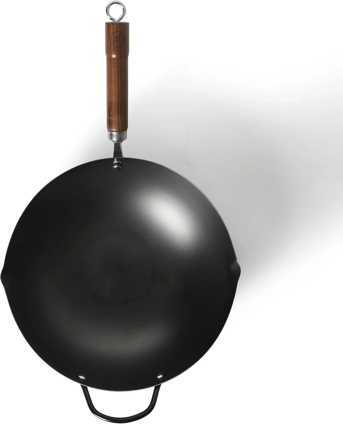 chisholm-13-5-inch-carbon-steel-nonstick-wok-pfas-free-wok-pan-flat-bottom-stir-fry-pan-with-long-walnut-wood-handle-helper-handle-black
