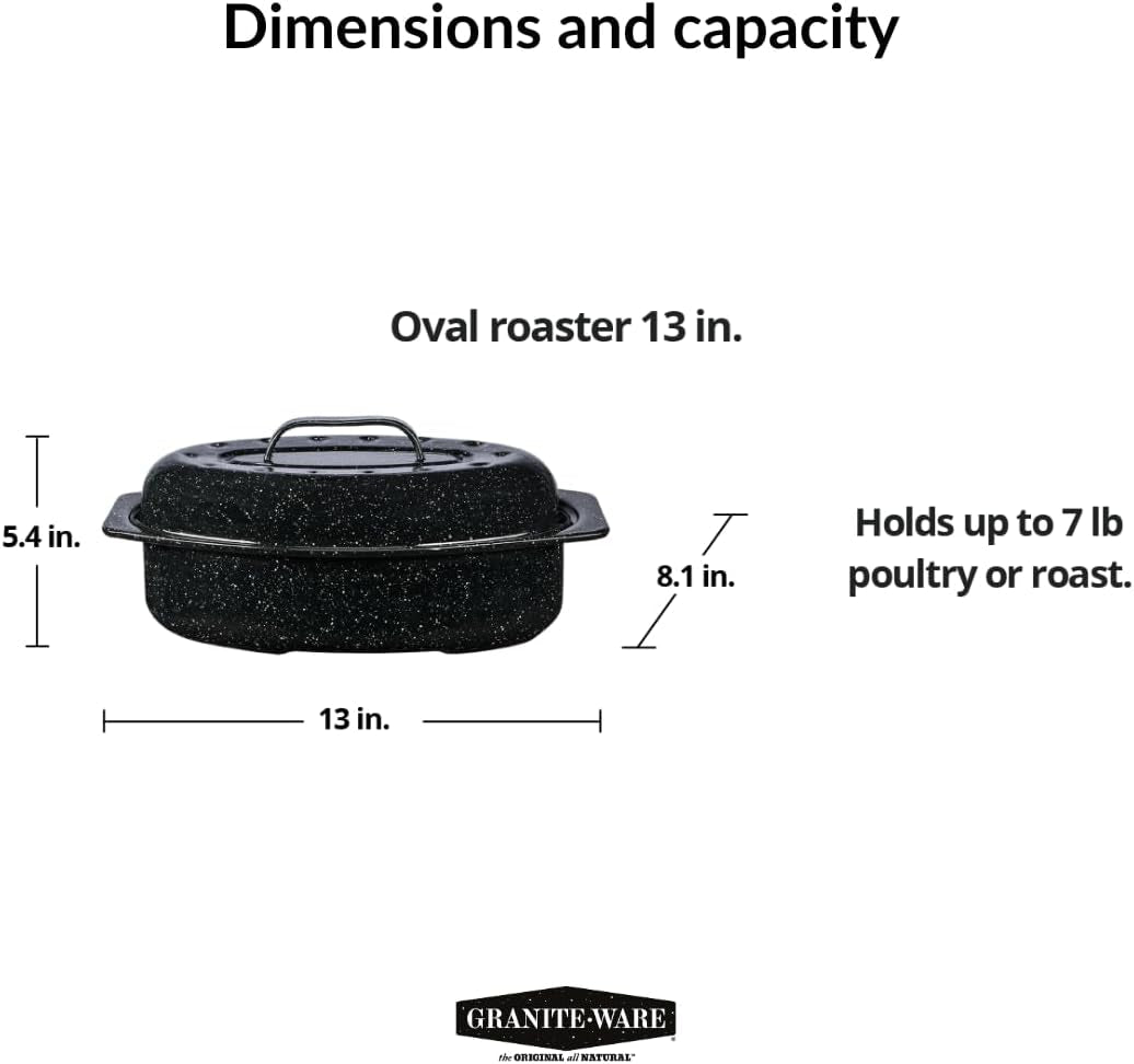 13-oval-roaster-with-lid-enameled-steel-oven-safe-to-932-f-ideal-for-roasting-baking-sourdough-bread-self-basting-cover-dishwasher-safe-7-lb-capacity-oval-roaster-capacity-roasts-up-to-7-lb-poultry-or-meat-covered-cooking-for-larger-meals-speckled-black-steel-construction