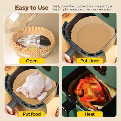 Air Fryer Liners Disposable, 8 Inch round Paper for 5-8 QT Air Fryers | 100 Pcs Unbleached Parchment Paper, Non-Stick, Greaseproof for Baking, Roasting, Microwave, Oven, Airfryer Basket Accessories8