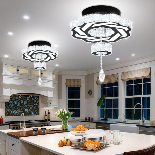 16 Inch Mini Chandelier Modern Crystal Chandeliers Light Semi Flush Mount Ceiling Light Fixture Small Black Chandelier for Bedroom Hallway Kitchen Foyer2