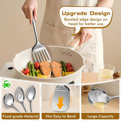 9 Pcs Cooking Utensils Set, Stainless Steel Kitchen Utensils, Heat Resistant Metal Kitchen Tools Include Solid & Slotted Spatula, Serving Spoon, Ladle, Pasta Server,Potato Maseher, Egg Whisk, Silver5