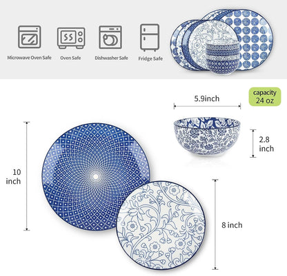 Ceramic Dinnerware Sets, 12 Pcs Plates and Bowls Sets,Vintage Blue2