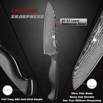 Santoku Knife 5" Inches-Japan 8C Super Steel 67 Layer Damascus Steel-Sharp Kitchen Knife-Full Tang ABS Anti-Skid Handle Utility Knife Cooking Knife with Luxury Gift Box4
