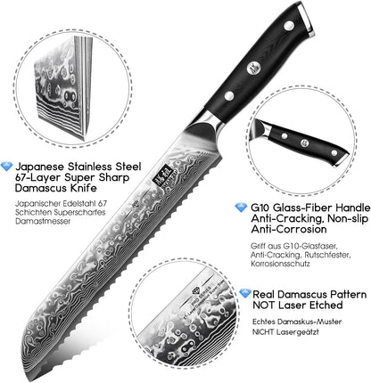 Bread Knife 8 In, Japanese Steel Damascus Serrated Knife Wave Edge2