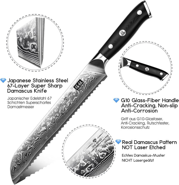Bread Knife 8 In, Japanese Steel Damascus Serrated Knife Wave Edge2