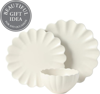 Bistro Fleur Plates and Bowls Sets, 12-Piece Stoneware Dinnerware Set for 4, Ivory White Scalloped Dish Set with Dinner Plates, Salad Plates & Bowls4