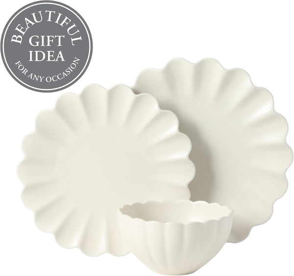 Bistro Fleur Plates and Bowls Sets, 12-Piece Stoneware Dinnerware Set for 4, Ivory White Scalloped Dish Set with Dinner Plates, Salad Plates & Bowls4