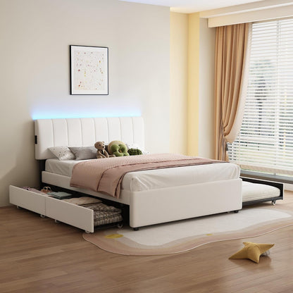 Queen Size Upholstered Platform Bed W/Trundle Bed & 2Storage Drawers4