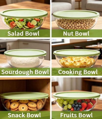 6.5Qt Extra Large Glass Mixing Bowl with Lid Clear Large Salad Bowls with Non-Sealed Silicone Lid Thickened Salad Cooking Bowls for Kitchen Baking Meal Prepping Bread Sourdough and Storage7