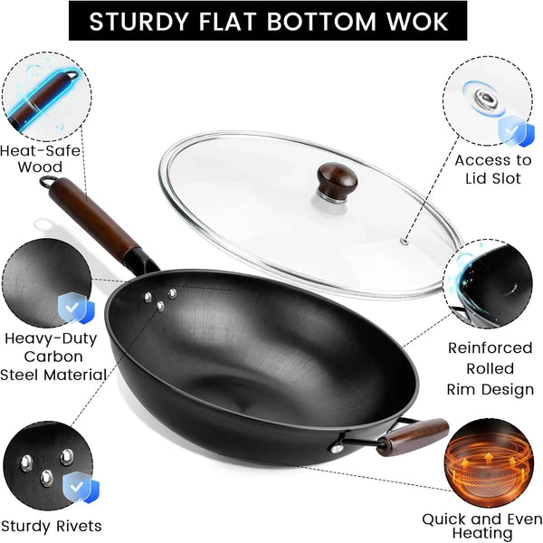 Carbon Steel Wok - 13" Woks & Stir-Fry Pans Nonstick, Wok with Lid, Fast Heat Conduction, Uniform Heat Conduction Flat Bottom Woks, Professional Chef Cookware3