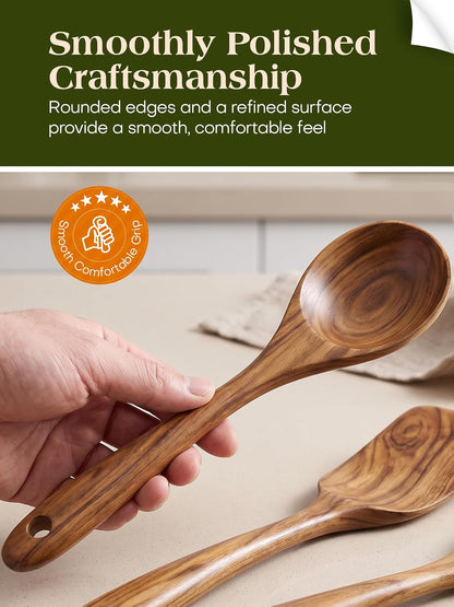 11-Piece Natural Teak Wood Kitchen Utensil Set with Holder, Wooden Spoons and Cooking Utensils for Nonstick Cookware, Includes Spatulas, Ladle and Whisk5