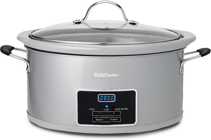 6-Quart Oval Digital Slow Cooker, 240 Watts, BC-4587S, Silver | Programmable Crock Pot up to 20 Hours, Electric Cooking Pot with LCD Digital Display, Removable Stoneware Crock Liner1
