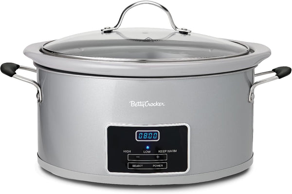 6-Quart Oval Digital Slow Cooker, 240 Watts, BC-4587S, Silver | Programmable Crock Pot up to 20 Hours, Electric Cooking Pot with LCD Digital Display, Removable Stoneware Crock Liner1