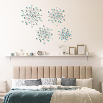 4 Pcs Metal Wall Decor Bling Crystal Wall Art Cast Iron Rhinestones Sunburst Decor Starburst Art Hanging Diamond Accents Home Decorative for Living Room Bedroom Entryway (Blue)6
