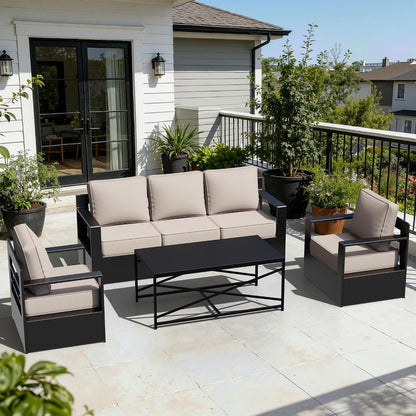 Outdoor Aluminum Furniture Set, 4-Piece Patio Conversation Set, 2 Chairs, 1 Sofa and 1 Table, All-Weather Metal Frame, 6" Thick Removable Cushions, Deep Setting for Garden, Poolside and Porch9