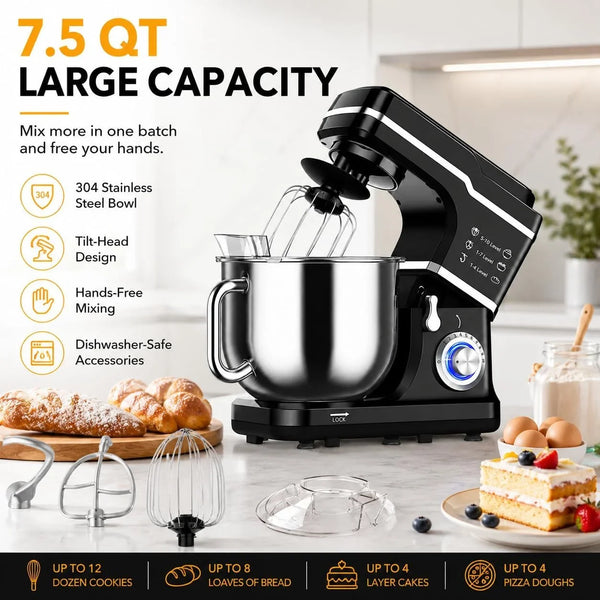 7.5 QT Stand Mixer, 10-Speed Tilt-Head Electric Mixer with Stainless Steel Bowl, Dough Hook, Whisk, Beater, Splash Guard – Powerful 660W Motor for Baking, Whipping & Mixing, Black5