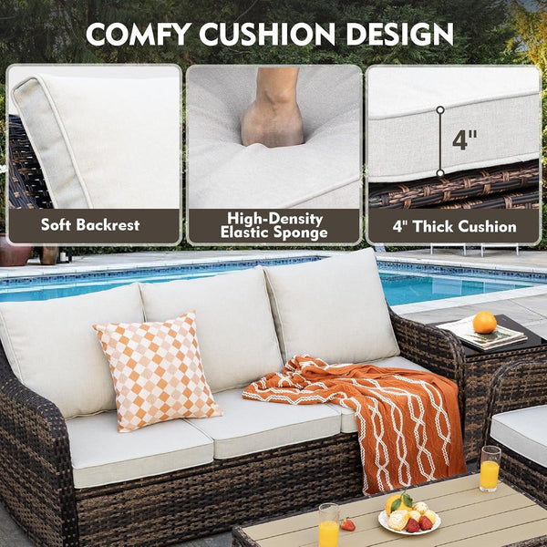 7 Pieces Patio Furniture Set with Swivel Chair, Outdoor Patio Conversation Set, Patio Sectional Furniture Set with 2 Swivel Rocker Patio Chair and Sofa, 2 Ottomans and Coffee Table (Brown)7