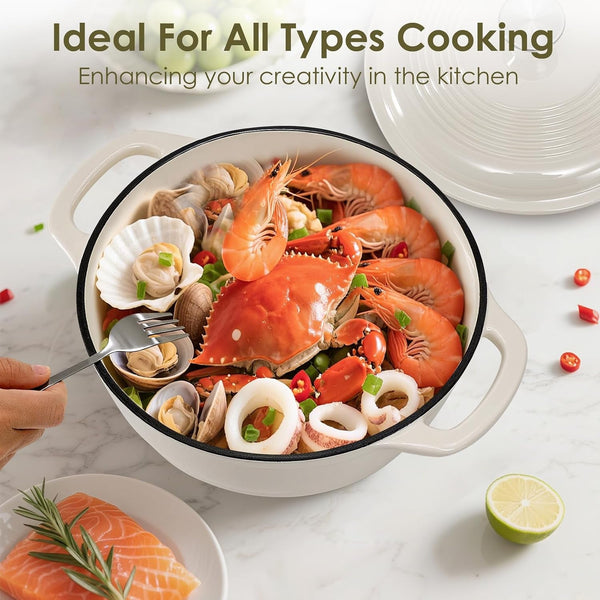 Enameled Cast Iron Dutch Oven Pot with Lid -  5QT Dutch Oven for Bread Baking with Cotton Potholders - Heavy-Duty Cookware for Braising, Stew, Roasting, Oven Safe up to 500°F, Cream White7