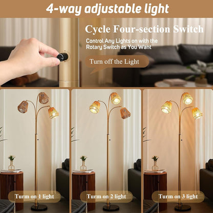 Gold Rattan Floor Lamp for Living Room, 72'' 3-Light Boho Lamp | Heavy Natural Marble Base, 1/2/3-Light Rotary Switch, Wicker Shades for Reading Corners Bedrooms2