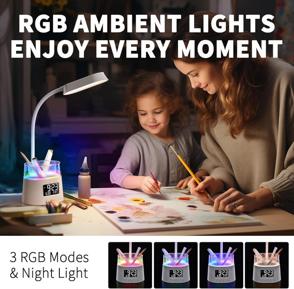 Led Desk Lamp with Pen Holder, Touch Lamps for Nightstand with 3 Color Modes, Eye-Caring Bedside Reading Light with Clock, Office Lamps Stepless Dimming, Lamp for Dorm Room, Suitable for Kid/Girl/Boy2
