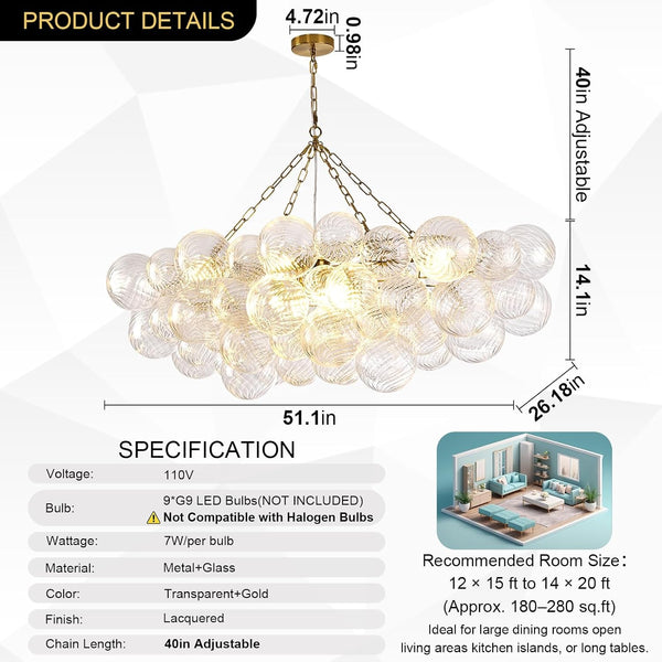 51" Large Gold Bubble Chandelier, 9-Light Modern Hand Blown Glass Chandelier Light Fixture, Rectangle Chandeliers for Dining Room Living Room Kitchen Island Foyer Entryway(Brush Brass Finish)5