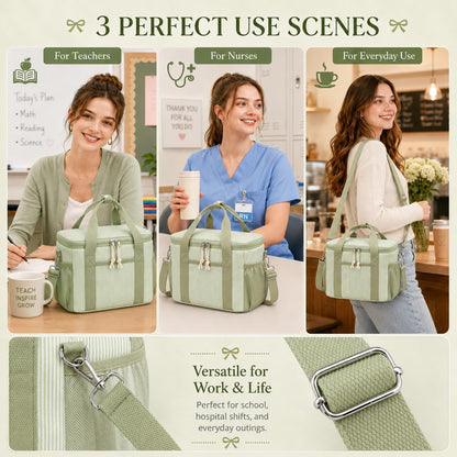 Insulated Lunch Box for Women, Cute Corduroy Lunch Bag with Shoulder Strap, Leakproof Wide-Open Lunch Tote for Work, Office, School, Picnic, Green White Stripes2