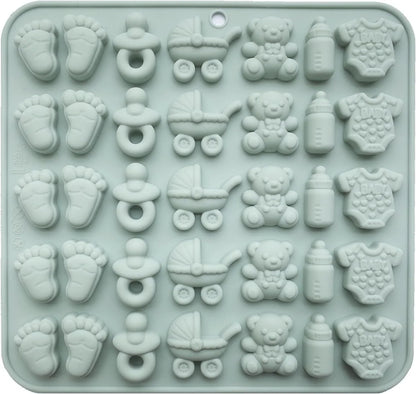 Baby Shower Silicone Mold with Onesie Pacifier Bottle Baby Footprint Bear Carriage Mold for Chocolate Cake Candy Gummy Cupcake Decoration Party Cupcake Topper1
