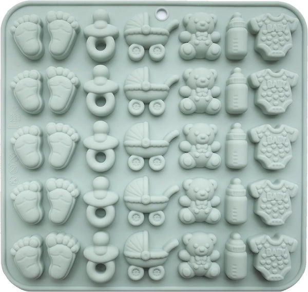 Baby Shower Silicone Mold with Onesie Pacifier Bottle Baby Footprint Bear Carriage Mold for Chocolate Cake Candy Gummy Cupcake Decoration Party Cupcake Topper1