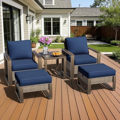 5 Pieces Metal Wicker Patio Furniture Set - Two Armchairs and Two Ottomans, One Side Table, All Weather Rattan Outdoor Conversation Furniture with Washable Cushion for Deck Porch, Dark Blue9