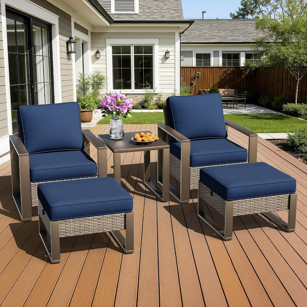 5 Pieces Metal Wicker Patio Furniture Set - Two Armchairs and Two Ottomans, One Side Table, All Weather Rattan Outdoor Conversation Furniture with Washable Cushion for Deck Porch, Dark Blue9