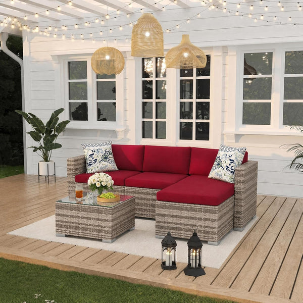 5 Piece Outdoor Patio Furniture Set, All-Weather PE Wicker Sectional Couch Set with Cushions and Ottomans, Outdoor Patio Conversation Set with Glass Table for Backyard, Porch, Balcony9