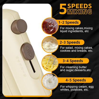 5-Speed Hand Mixer Electric with 4 Mixing Bowls Set | 300W Lightweight Kitchen Handheld Mixer with Measuring Cups & Spoons, Stainless Steel Bowls, Baking Supplies for Cake, Cream6