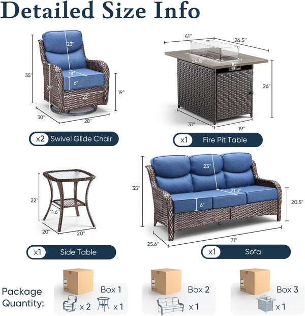 Luxury 6" Thick Cushioned 5 Pieces Patio Furniture Set with Fire Pit Table, Wicker Outdoor Conversation Set with High Back Swivel Rocker Chairs for Deck Porch Yard and Poolside - Brown+Blue2