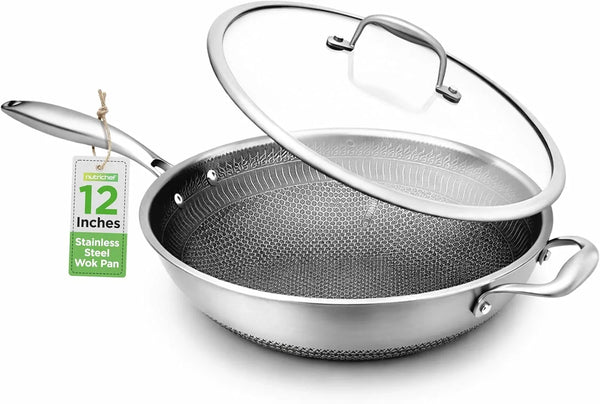 12" Stainless Steel Durable Wok - Triply Kitchenware Wok with Glass Lid, Side Handle - DAKIN Etching Non-Stick Coating, Scratch-Resistant Raised-Up Honeycomb Fire Textured Pattern1